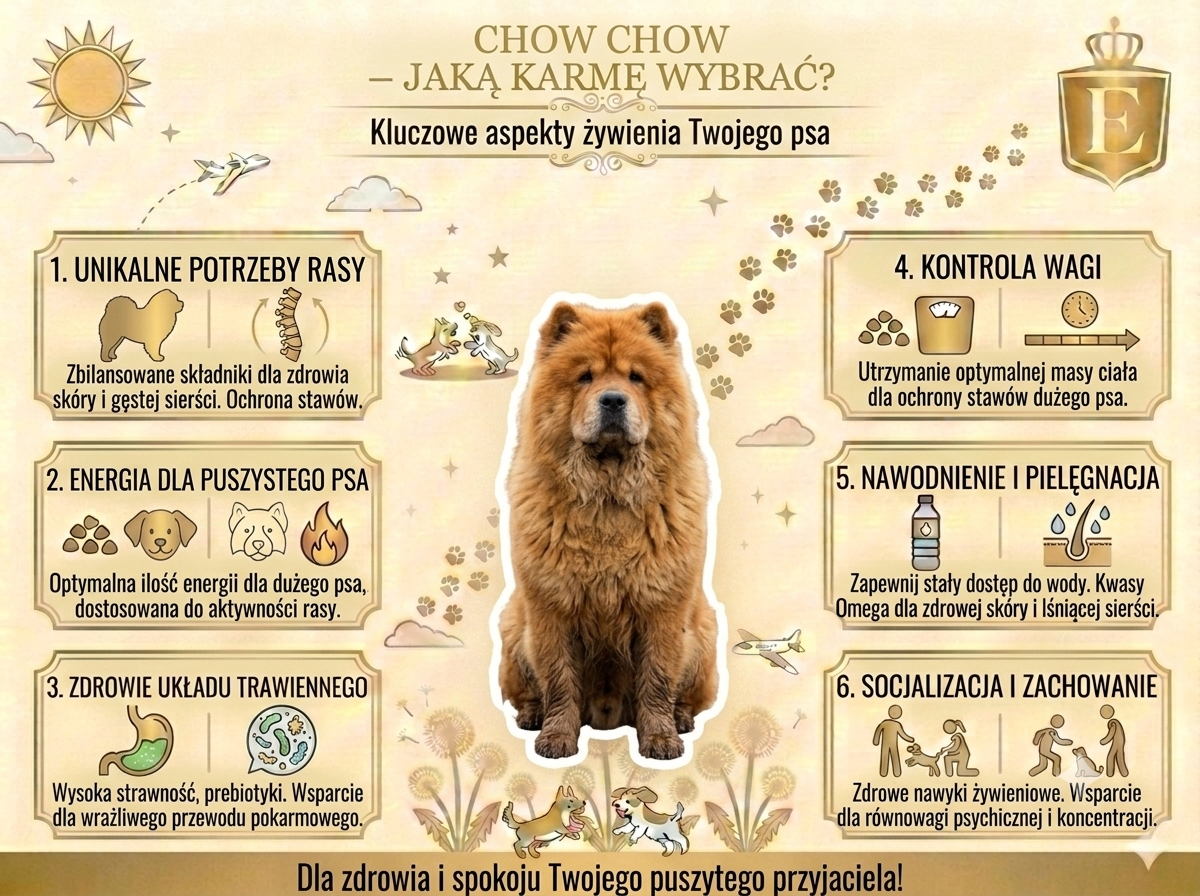 Infografika przedstawiająca najważniejsze zasady żywienia psa rasy chow chow. W centrum znajduje się chow chow, a wokół sześć kluczowych aspektów: potrzeby żywieniowe rasy, odpowiednia ilość energii, wsparcie układu trawiennego, kontrola masy ciała, nawodnienie i pielęgnacja oraz wpływ prawidłowego żywienia na zachowanie i socjalizację psa.